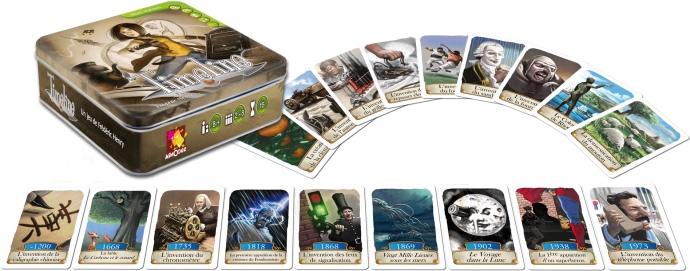Photo du jeu Timeline, avec la boîte à gauche et plusieurs cartes étalées sur la table. 